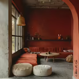 the walls are red and there are two different colored sofas