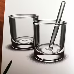 a drawing of two glasses with a spoon in them