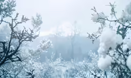a foggy, frosty forest with tree branches