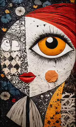 a colorful painting with an orange and white face