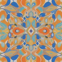 a painting of blue, green, yellow and orange in an ornate manner,a colored background featuring an abstractly shaped pattern