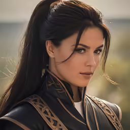 a woman with a long ponytail wearing armor