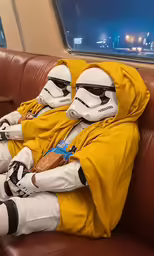 a couple of men dressed in costumes sitting on top of a couch