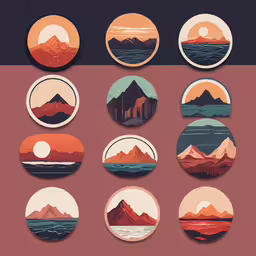 a collection of colorful circular mountains, water and clouds,a series of buttons with different mountains