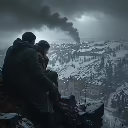two people in winter clothes sitting on a snowy mountain with a city and black smoke coming out of the sky