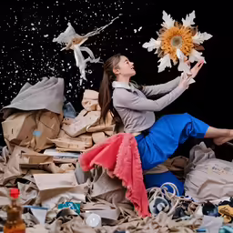 a woman sitting in the trash with flowers and butterflies flying around her