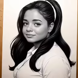 a pencil drawing of a girl with her long hair up in ponytails