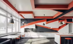 modern white and orange kitchen with white counter top