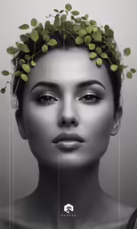 a woman with green leaves on her head