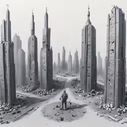 a man in a desert surrounded by buildings