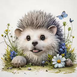 an illustration of a hedgehog with flowers and butterflies