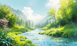 a stream runs through a grassy area of forest
