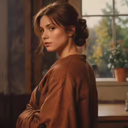 a woman is looking away from the camera in her kitchen