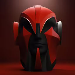 the mask with black and red accents is shown