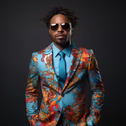 a person is posing for the camera in a suit and sunglasses,an african american male wearing blue clothing and sunglasses
