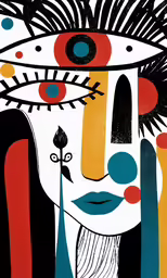 an abstract painting of an eye with large round, red, blue, orange, and black shapes