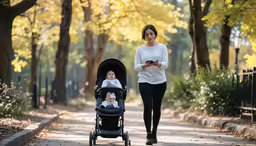 a woman walks with a stroller while holding a phone