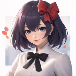 an anime girl wearing a blouse with a red bow