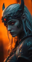 a close up of a female elf with horns