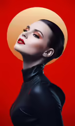 a woman in black leather clothing with her eyes closed