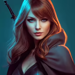 a woman in a black dress and gun on her shoulder