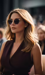 a blonde woman wearing sunglasses looks off to the side