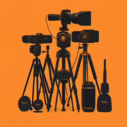 three camera and tripods next to each other with various lighting
