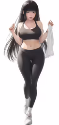 a female with long black hair wearing leggings