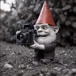 there is a gnome with a camera sitting on rocks