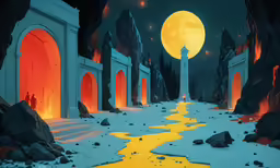 a night scene of some sort with a stone arch