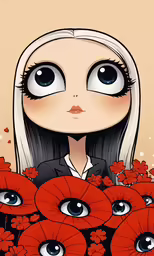 a cartoon character with long hair is surrounded by red flowers