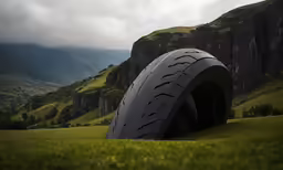 an extreme close up of a bike tire laying in the grass