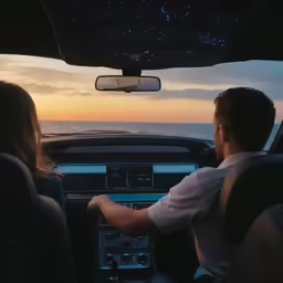 a couple riding in an automobile watching the sun set over the ocean