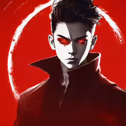 a character with red eyes, in a dark anime background,a man with red eyes is featured in a character art work