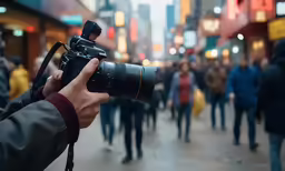 a man holds up a digital camera over his camera lens for a photograph