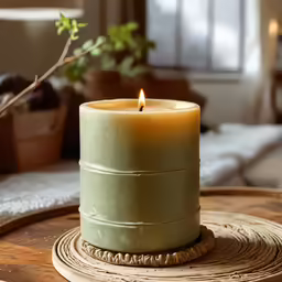 a lit candle sitting on top of a wooden table