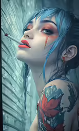a girl is shown with blue hair and piercings on
