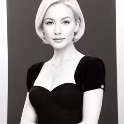 a woman with blonde hair wearing a black dress