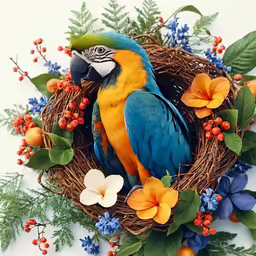 colorful blue, yellow and green macaw sitting on its nest
