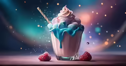 a chocolate - cream sundae with a sprinkle and two strawberries