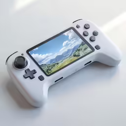 a white video game controller with a camera on top of it