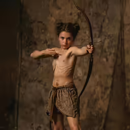 a nude woman holding a bow and a big knife