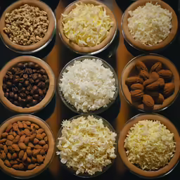 the various nuts have been placed in bowls