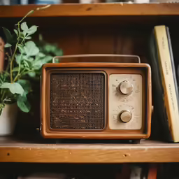 an old radio sits on a shelf beside potted plant