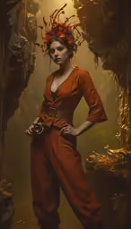 a woman with a red floral crown in her hair