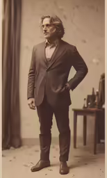 an old photo of a man standing in a suit
