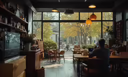 person sitting in a restaurant looking out the window