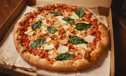 a pizza with cheese, tomato sauce and greens in a box