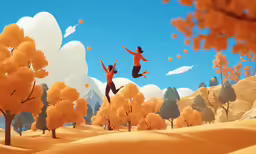 two people are jumping on a hill surrounded by trees