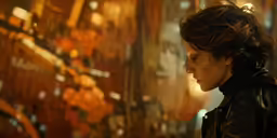 a young woman wearing a leather jacket looking at something